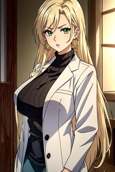 <lora:Chisato Hasegawa:0.8> Chisato Hasegawa, 1girl, long hair, earrings, jewelry, solo, breasts, blonde hair, labcoat, large breasts, green eyes, sweater, turtleneck, very long hair, serious, ribbed sweater, looking at viewer, upper body , ((Extremely Detailed)), ((Best Quality)), ((Masterpiece)), ((4k)),