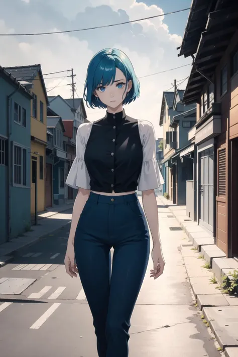 (masterpiece, best quality:1.1), volumetric lighting, illustration, 1girl, beautiful woman, (mature female:1.0), feet out of frame,
(mesmerizing eyes:1.0), blue hair, (shiny skin:1.1), pale skin, trousers,
very short hair,
looking at viewer, arms behind back, warm color palette,
(beautiful composition:1.0), cinematic lighting, octane rendering, beautiful fantasy town, outdoors, simple background, depth of field
