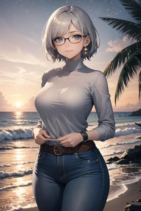 masterpiece, best quality, illustration, volumetric lighting, symmetry, beautiful woman, shiny skin, upper body, blue eyes, glasses, silver hair, short hair, ribbed turtleneck, jeans, large breasts, hands in pockets, belt, thick thighs BREAK
looking at viewer, light smile, raised eyebrow, narrow eyes, wristwatch, choker, single earring BREAK
sunset, sunlight, backlighting, warm color palette, ocean, beach, beautiful cloudy sky, waves, palm tree, seagull, dark theme, distant lights, reflections, (starry sky:1.0)