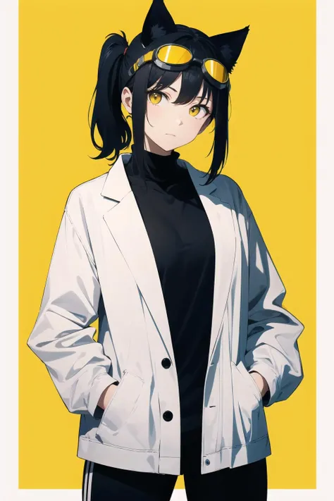 (masterpiece:1.1), (best quality:1.1), cel shading, beautiful woman, (mature:1.1), (symmetry:1.1), upper body, (goggles on head:1.1), (pale skin:1.0),
black hair, (yellow eyes, cat ears, side ponytail:1.1), medium breasts, (labcoat, turtleneck, black sweatpants:1.1), skinny BREAK
looking at viewer, narrow eyes, refined, expressionless, (hands in pockets, head tilt:1.1) BREAK
perfect lighting, perfect shadows, limited palette, dark theme, yellow background
