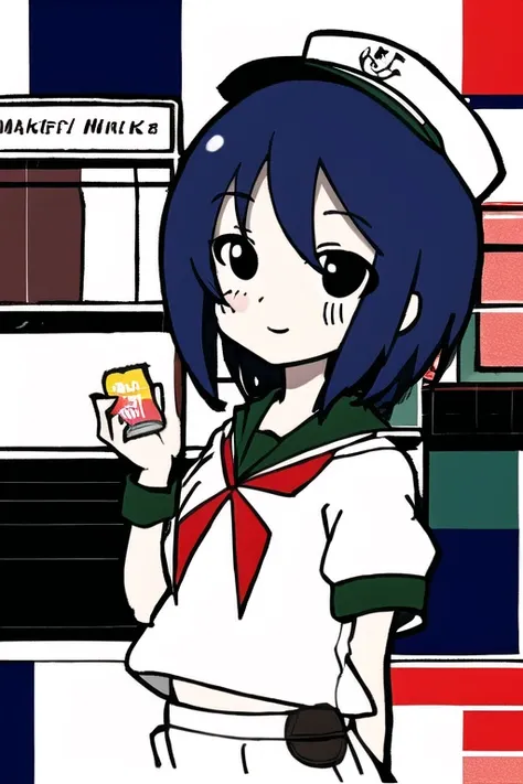 1girl,solo,
Confectionery Ingredient Store,
<lora:milk_V10:0.9>,milk \(cookie\),indigo hair,white serafuku,white cap,red bow,white short pants,black eyes,
<lora:haruno168StyleLora_10:0.75>