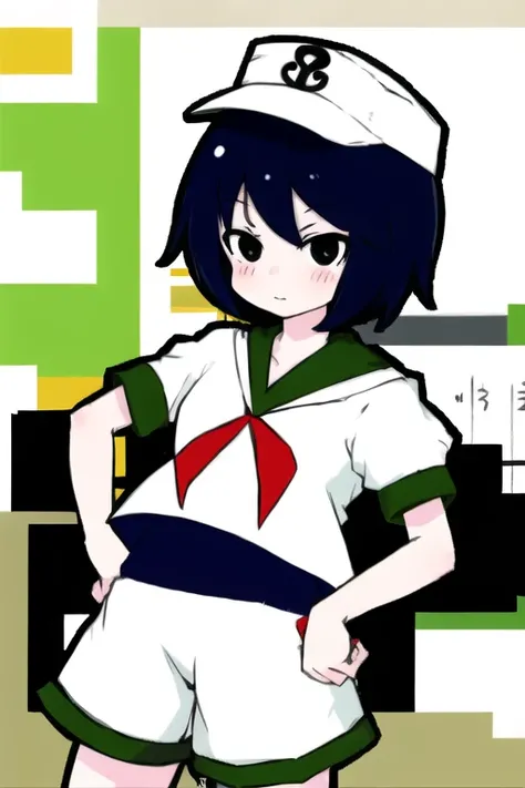 1girl,solo,
<lora:milk_V10:1>,milk \(cookie\),
indigo hair,white serafuku with green lines,white cap,red bow,white short pants,black eyes,short hair,