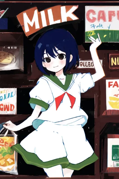 1girl,solo,
Confectionery Ingredient Store,
<lora:milk_V10:1>,milk \(cookie\),
indigo hair,white serafuku,white cap,red bow,white short pants,black eyes,short hair,
<lora:haruno168StyleLora_10:0.5>