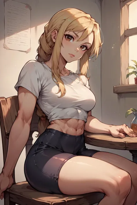 Anime Kawaii sexy Perfect Slim sensual body large breast and huge thighs, An intricate and highly detailed illustration of anime (Young girl) (best qualityer, work of art) ((1 girl)), ((única Woman)), Woman, Thick, big cleavage, Jumpy, hot head, melhorar, skin tanned, ((abdomen)) (darkskin) eyes black, hair blonde, Messy hair, ((((Tank Tops)))), sloppy, sitting on the floor, messy table, empty canned beers, inside a house