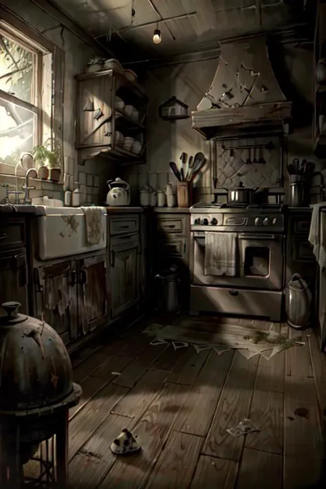<lora:DarkWoodsV2-000015:1> DarkWoodsStyle rotten kitchen, mushrooms