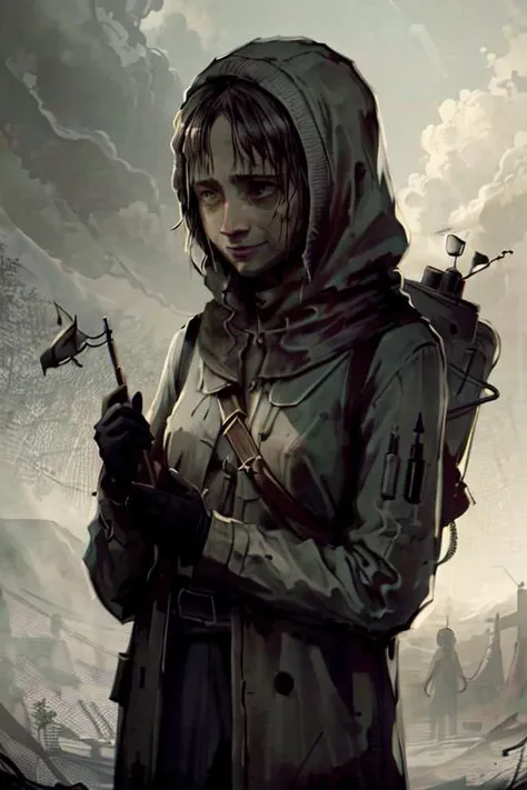 Post-apocalypse, wanderers, gas masks, life-saving gear, soft lights, explosions in the distance,