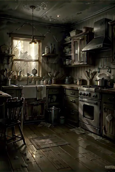 <lora:DarkWoodsV2-000015:1> DarkWoodsStyle rotten kitchen, mushrooms