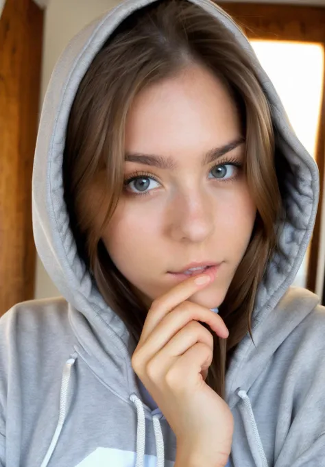 ((1 spanish girl)), (Laia Manzanares) (tween model, 20 years old, young)), ethereal beautiful, beautiful grey eyes, sexy smile ((teeth visible)) , ((head slightly tilted to the side but looking flirty into the camera)), long straight hair, fit body, extremely big breast, busty chest, sexy teasing pose on bed, leaning forward towards camera showing boobs, looking into camera lovingly, wearing coral pink very tight see-through hoodie ((little unzipped)), exposed cleavage ((big)), tiny underpants, soft light ((David Hamilton style)), full body picture, masterpiece, best quality, photo-realistic, 8k, high resolution, ultra realistic detailed skin, 8k uhd, dslr, soft lighting, high quality, film grain, Fujifilm XT3