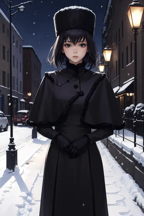 masterpiece, best quality, alicekuonji, fur hat, black capelet, long black dress, black gloves, pale skin, winter, cowboy shot, snow, streetlights, night sky, snow <lora:alicekuonji-nvwls-v1-000010:0.9>