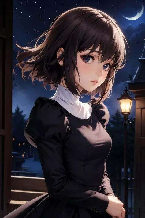 masterpiece, best quality, alicekuonji, long black dress, puffy sleeves, upper body, looking at viewer, emotionless, village, night, moon <lora:alicekuonji-nvwls-v1-000010:0.9>