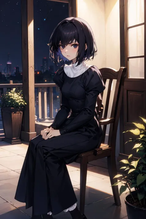 masterpiece, best quality, alicekuonji, long black dress, puffy sleeves, pale skin, sitting, chair, night, porch, village, looking at viewer, serious, sad <lora:alicekuonji-nvwls-v1-000010:0.9>