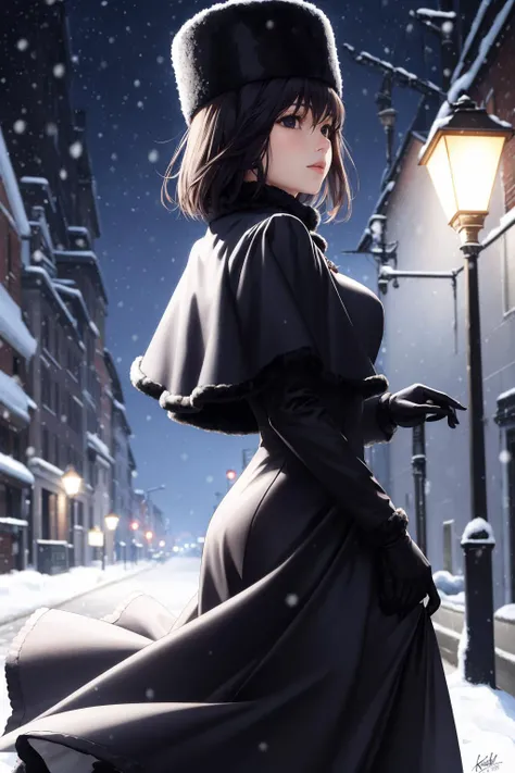 masterpiece, best quality, alicekuonji, fur hat, black capelet, long black dress, black gloves, pale skin, winter, from side, looking up, snow, streetlights, night sky, snowing <lora:alicekuonji-nvwls-v1-000010:0.9>