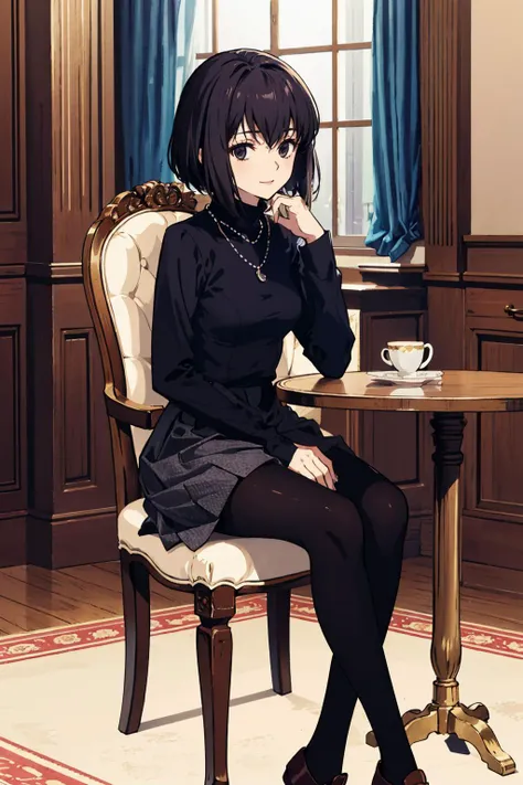 masterpiece, best quality, alicekuonji, necklace, black turtleneck, grey skirt, black pantyhose, pale skin, table, chair, sitting, looking at viewer, smile, tired, candelabra <lora:alicekuonji-nvwls-v1-000010:0.9>