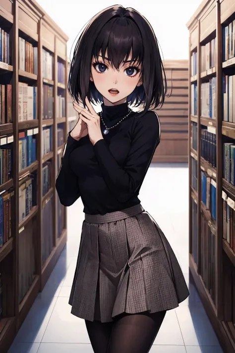 masterpiece, best quality, alicekuonji, necklace, black turtleneck, grey skirt, black pantyhose, pale skin, library, looking at viewer, serious, open mouth <lora:alicekuonji-nvwls-v1-000010:0.9>