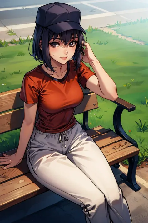 masterpiece, best quality, alicekuonji, baseball cap, orange t-shirt, sweatpants, looking at viewer, from above, smile, bench, park <lora:alicekuonji-nvwls-v1-000010:0.9>