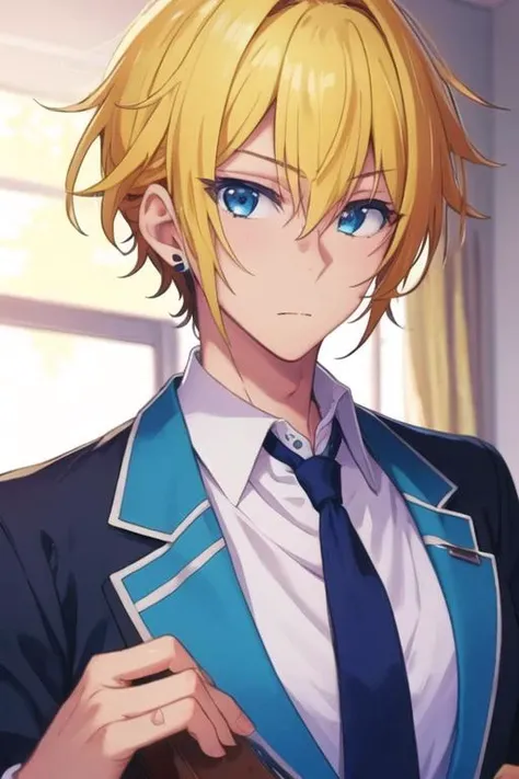 masterpiece, best quality, , 1boy, solo, male focus, looking at viewer, , depth of field, <lora:taiga_hirano:0.68>, taiga_hirano, blonde hair, blue eyes, , formal, necktie, dress shirt,