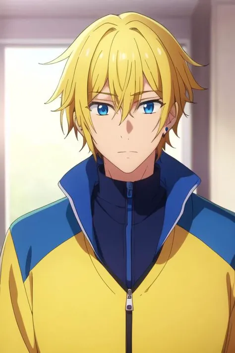 masterpiece, best quality, , 1boy, solo, male focus, looking at viewer, upper body, , <lora:taiga_hirano:0.70>, taiga_hirano, blonde hair, blue eyes, jewelry, track suit,