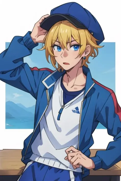 masterpiece, best quality, , 1boy, solo, male focus, looking at viewer, , , <lora:taiga_hirano:0.64>, taiga_hirano, blonde hair, blue eyes, jewelry, track suit, hat