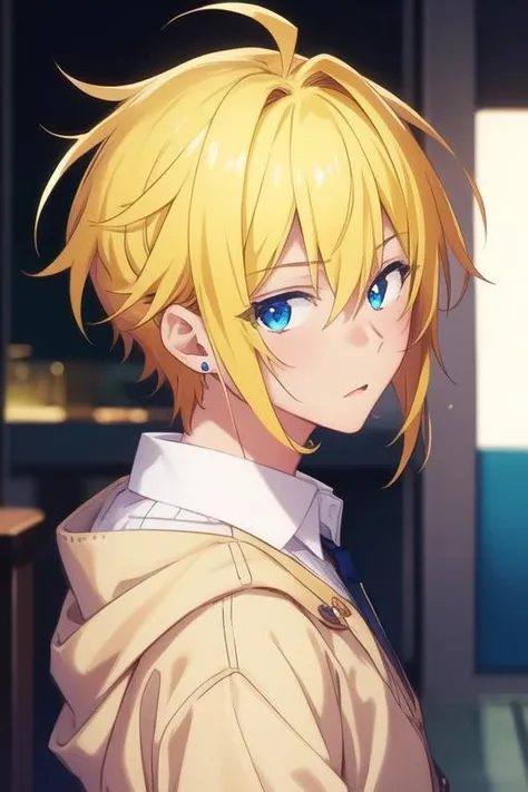 masterpiece, best quality, illustration, 1boy, solo, male focus, looking at viewer, , depth of field, <lora:taiga_hirano:0.66>, taiga_hirano, blonde hair, blue eyes, jewelry, ,