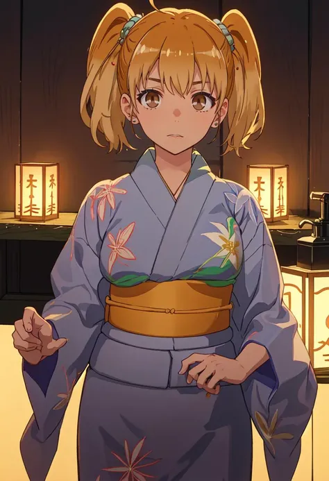 Inside,(night),Japanese-style room,steam,Rika Jougasaki,Yellow and orange hair hoop, yukata,undressing,blush,,blush,(naked),((Small breasts)),