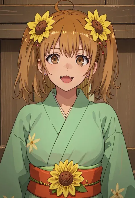 best quality, masterpiece, highres, solo, (yoshi_donttoywithmemissnagatoro:1.10), 1girl, hair flower, yukata, :3, jewelry, smile, sunflower, green kimono, open mouth, brown hair, closed mouth, looking at viewer, obi, upper body, anime_style, 4 <lora:yoshi_donttoywithmemissnagatoro:0.80>