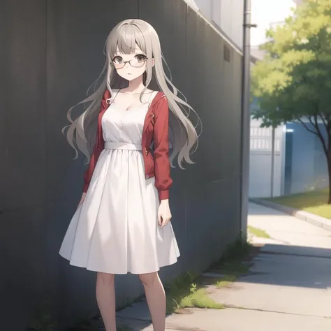 seishun-futaba, dress, grey hair, light brown eyes, long hair, glasses, collarbone, full body, medium breasts, solo, 1girl, outdoors <lora:seishun-futaba-000003:0.5>
