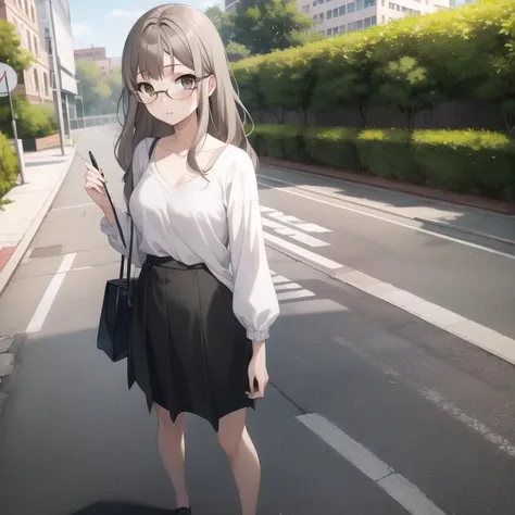seishun-futaba, casual clothes, grey hair, light brown eyes, long hair, glasses, collarbone, full body, medium breasts, solo, 1girl, outdoors <lora:seishun-futaba-000003:0.6>