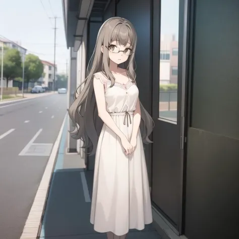 seishun-futaba, dress, grey hair, light brown eyes, long hair, glasses, collarbone, full body, medium breasts, solo, 1girl, outdoors <lora:seishun-futaba-000003:0.8>
