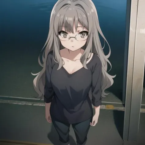 seishun-futaba, casual clothes, grey hair, light brown eyes, long hair, glasses, collarbone, full body, medium breasts, solo, 1girl, outdoors <lora:seishun-futaba-000003:0.9>