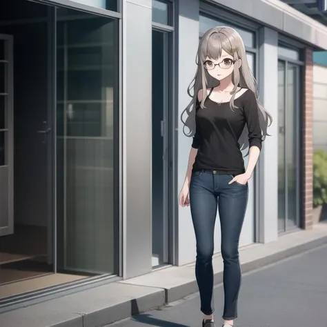 seishun-futaba, casual clothes, grey hair, light brown eyes, long hair, glasses, collarbone, full body, medium breasts, solo, 1girl, outdoors <lora:seishun-futaba-000003:0.7>