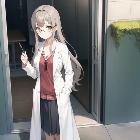 seishun-futaba, school uniform labcoat, grey hair, light brown eyes, long hair, glasses, collarbone, full body, medium breasts, solo, 1girl, outdoors <lora:seishun-futaba-000003:0.5>