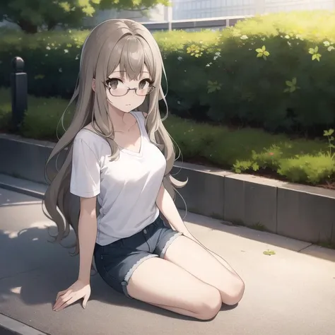 seishun-futaba, shorts shirt, grey hair, light brown eyes, long hair, glasses, collarbone, full body, medium breasts, solo, 1girl, outdoors <lora:seishun-futaba-000003:0.5>