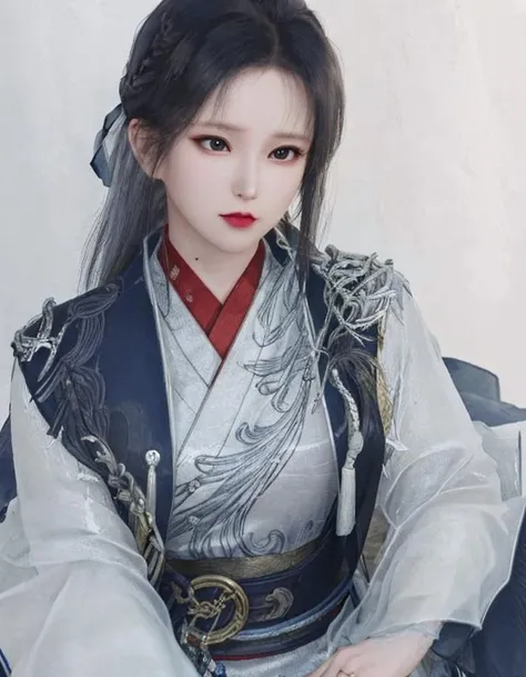 Light white and dark indigo, A mysterious girl from ancient China with hanfu, with a dark aesthetic that is poignant, eerie, and bizarre, in the style of dark surrealist imagery, Conceptual scene, Chinese interior scene, ethereal fantasy, otherworldly atmosphere, Walter Crane
