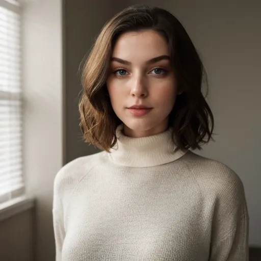 <lora:kyrramarie_sd15_512_128_64_v1:1> 1girl solo looking at viewer wearing a turtleneck sweater epiCRealism