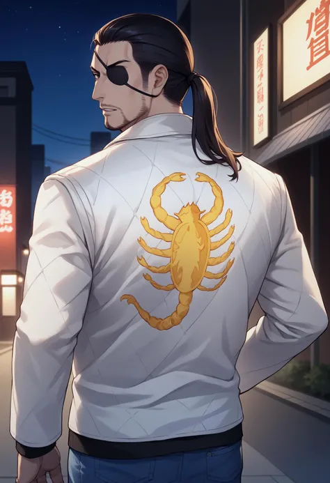 score_9, score_8_up, score_7_up, source_anime BREAK 1boy, solo, male focus, <lora:majima-guy-PONYv1:0.8> majima, ponytail, facial hair, eyepatch, <lora:drivejacket-outfit-richy-v1_pdxl:0.8> print jacket, white jacket, from behind, jeans, looking back, looking at viewer, dark, darkness, night, night sky