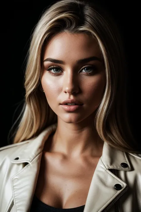 photo of fit (m1kayladem:0.99), a beautiful woman, perfect blonde hair, (modern photo), (Cream leather jacket and long sleeve top), ((marbled Coyote Brownbackground:1.1)), 85mm, (analog, cinematic, film grain:1.3), detailed eyes, (epicPhoto), (looking at viewer), (cinematic shot:1.3), PA7_Portrait-HL_v2