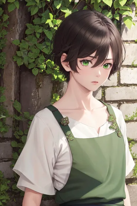 highres, sharp focus, pixiv masterpiece, ((intricate details)), highly detailed, chakuro, 1boy, upper body, green eyes, short hair, white shirt, short sleeves, black hair, collarbone, hair between eyes, male focus, green apron,  <lora:Chakuro:0.8>