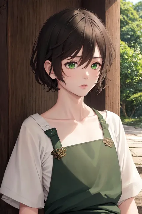 highres, sharp focus, pixiv masterpiece, ((intricate details)), highly detailed, chakuro, 1boy, upper body, green eyes, short hair, white shirt, short sleeves, black hair, collarbone, hair between eyes, male focus, green apron, <lora:Chakuro:0.8>