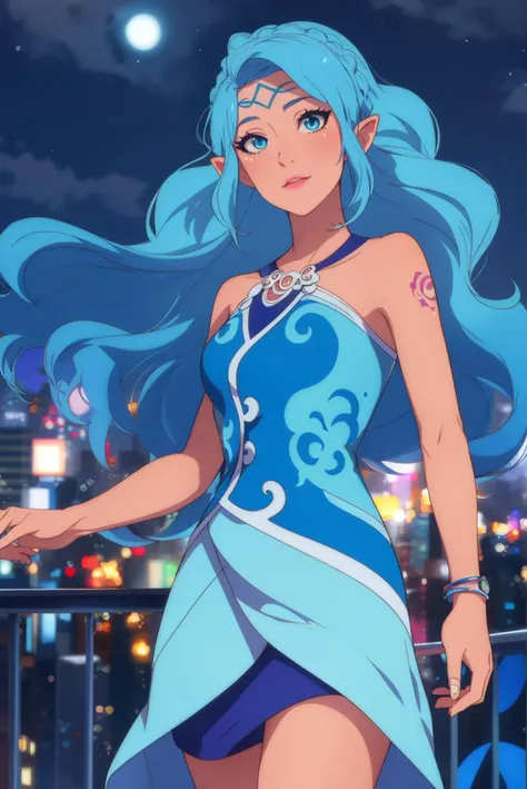 1girl, solo, masterpiece, best quality, <lora:Char_lese-NaidaRiverheart:0.75> naidariverheart,blue eyes,blue hair,gradient hair,tattoos, with a foggy atmosphere in the background, twinkling city lights in the distance