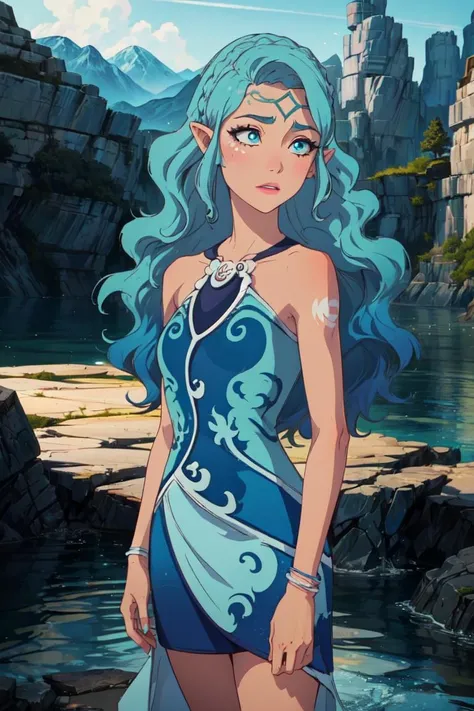 (NaidaRiverheart:1.5), (blue hair, blue eyes, long wavy hair), light blue to dark blue gradient hair, (realistic:1.2), (masterpiece:1.2), (full-body-shot:1),(Cowboy-shot:1.2), neon lighting, dark romantic lighting, (highly detailed:1.2),(detailed face:1.2), (gradients), colorful, detailed eyes, (detailed landscape:1.2), (natural lighting:1.2), close shot, solo, 1girl, <lora:LEGOElvesNaida-10:0.8> <lora:add_detail:0.3> <lora:BeautifulEyes:0.6>