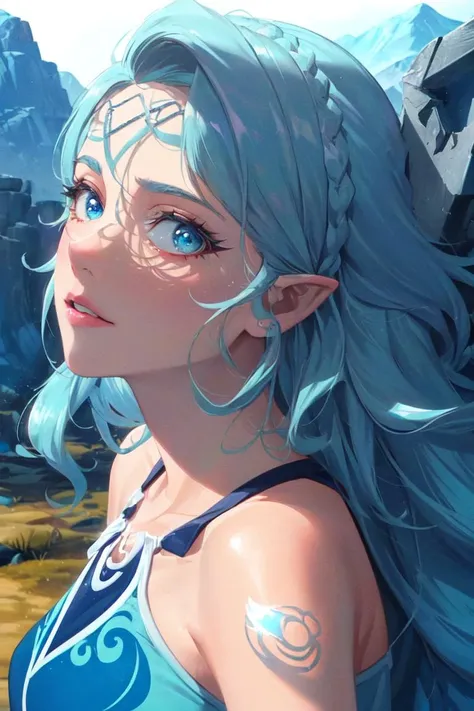 (NaidaRiverheart:1.5), (blue hair, blue eyes, long wavy hair), light blue to dark blue gradient hair, (realistic:1.2), (masterpiece:1.2), (full-body-shot:1),(Cowboy-shot:1.2), neon lighting, dark romantic lighting, (highly detailed:1.2),(detailed face:1.2), (gradients), colorful, detailed eyes, (detailed landscape:1.2), (natural lighting:1.2), close shot, solo, 1girl,  <lora:LEGOElvesNaida-10:0.8> <lora:add_detail:0.3> <lora:BeautifulEyes:0.6>
