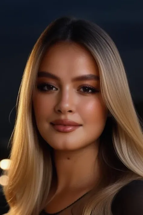 sorayaeckeslora, (wearing a black blouse),(RAW photo, best quality), (realistic, photo-realistic:1.4), masterpiece, an extremely delicate and beautiful, extremely detailed, 2k wallpaper, Amazing, finely detail, extremely detailed CG unity 8k wallpaper, ultra-detailed, highres, soft light, beautiful detailed girl, extremely detailed eyes and face, beautiful detailed nose, beautiful detailed eyes,cinematic lighting,city lights at night,perfect anatomy,slender body,smiling <lora:sorayaeckeslora:1>