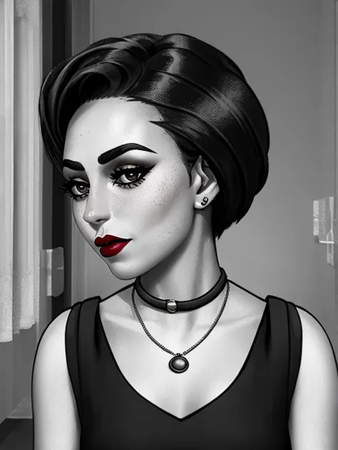 monochrome, greyscale (TinyBunnyStyle:0.8) , monochrome, art 1girl, jewelry, earrings, dark-skinned female, dark skin, solo, letterboxed, freckles, makeup, black hair, brown eyes, choker, short hair, blurry background, lipstick, parted lips, red lips, blurry, thick eyebrows, white teeth, very dark skin, dreadlocks, necklace, indoors, bare shoulders, eyeshadow, hoop earrings, sleeveless, lips, portrait, black choker, very short hair , ((masterpiece)) <lora:Tiny_Bunny_V2-10:0.9>