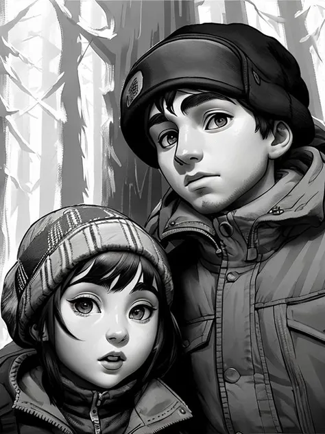 girl and boy in the forest edge , horrors, (TinyBunnyStyle:0.7) , monochrome, art <lora:Tiny_Bunny:1>