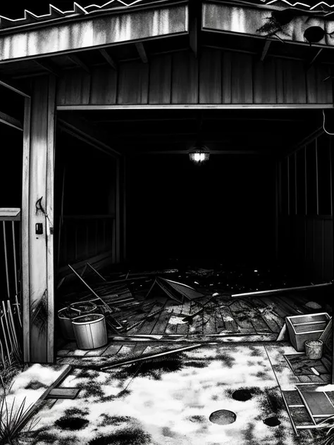 forest edge, ripped to shreds ,garage, blood, horrors, (TinyBunnyStyle:0.9) , monochrome, art <lora:Tiny_Bunny:1>