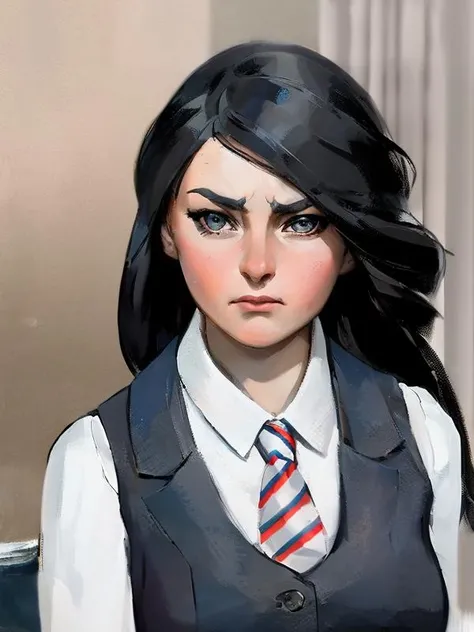 (dark shot:1.1), epic realistic, (monochrome:1.5), (1girl:1.2) , girl in (sopspbform:1.25), European skinny face,  gray vest, white shirt with short sleeves, red edging at the vest, (red and blue and white tie), (long-sleeved shirt:1.5)  sex, art by Phil Noto, highly detailed portrait of girl, blue eyes, black hair, sleeveless dress, women by atey ghailan, girl in a train, angry people around, girl is scared,   (poses:1.3)  <lora:DL_4R_Form_PR_V2-10:0.85>  (rough brush strokes:1.3),  (TinyBunnyStyle:0.7)  art   <lora:Tiny_Bunny_V2-10:0.9>, faded, (neutral colors:1.2), (hdr:1.4), (muted colors:1.2), hyperdetailed, (artstation:1.4), cinematic, warm lights, dramatic light, (intricate details:1.1), complex background, (rutkowski:0.66), (teal and orange:0.4)