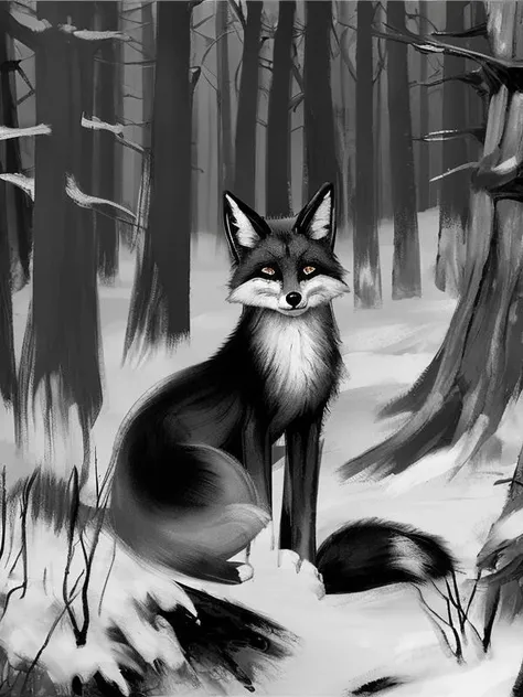 fox and girl in the forest edge , horrors , monochrome, art (1girl:1.2) , (poses:1.3) (rough brush strokes:1.3), (TinyBunnyStyle:0.7) art <lora:Tiny_Bunny_V2-10:0.9>,