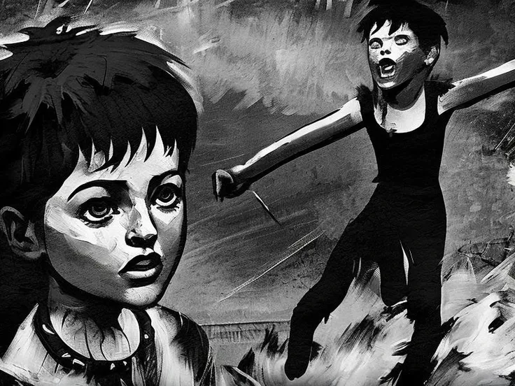 boy and girl in the edge , horrors , monochrome, art (1girl:1.2) , (poses:1.3) (rough brush strokes:1.3), (TinyBunnyStyle:0.7) art <lora:Tiny_Bunny_V2-10:0.9>,
