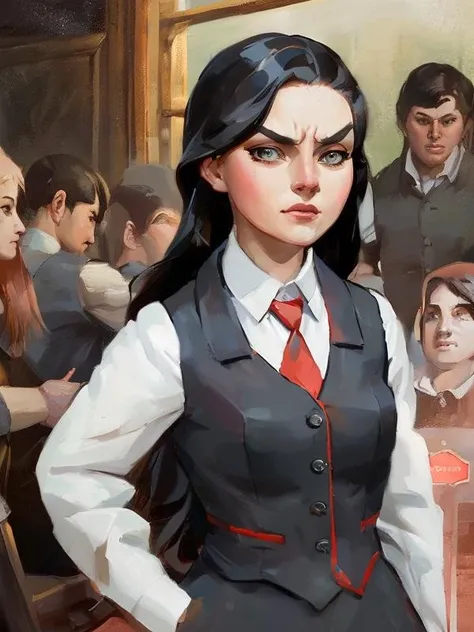 (dark shot:1.1), epic realistic, (monochrome:1.5), (1girl:1.2) , girl in (sopspbform:1.25), European skinny face,  gray vest, white shirt with short sleeves, red edging at the vest, (red and blue and white tie), (long-sleeved shirt:1.5)  sex, art by Phil Noto, highly detailed portrait of girl, blue eyes, black hair, sleeveless dress, women by atey ghailan, girl in a train, angry people around, girl is scared,   (poses:1.3)  <lora:DL_4R_Form_PR_V2-10:0.85>  (rough brush strokes:1.3),  (TinyBunnyStyle:0.7)  art   <lora:Tiny_Bunny_V2-10:0.9>, faded, (neutral colors:1.2), (hdr:1.4), (muted colors:1.2), hyperdetailed, (artstation:1.4), cinematic, warm lights, dramatic light, (intricate details:1.1), complex background, (rutkowski:0.66), (teal and orange:0.4)