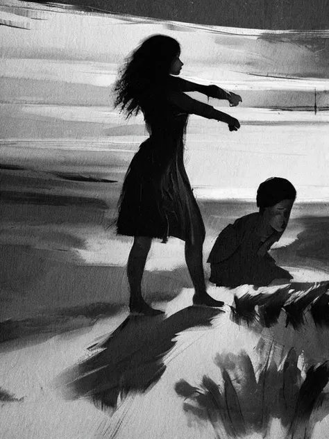 boy and girl in the edge , horrors , monochrome, art (1girl:1.2) , (poses:1.3) (rough brush strokes:1.3), (TinyBunnyStyle:0.7) art <lora:Tiny_Bunny_V2-10:0.9>,